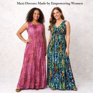 LOT OF 2 Full Circle Trends Maxi Dresses Size M - Blue/Pink Abstract Print Boho